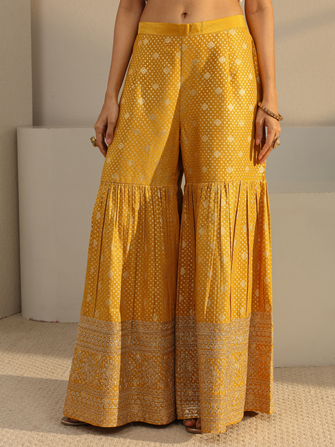  Libas Art Mustard Floral Embellished Silk Sharara Suit Set With Dupatta 