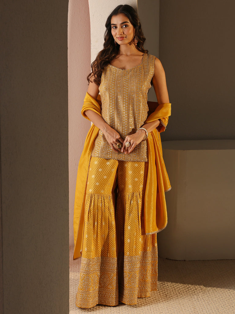 Libas Art Mustard Floral Embellished Silk Sharara Suit Set With Dupatta
