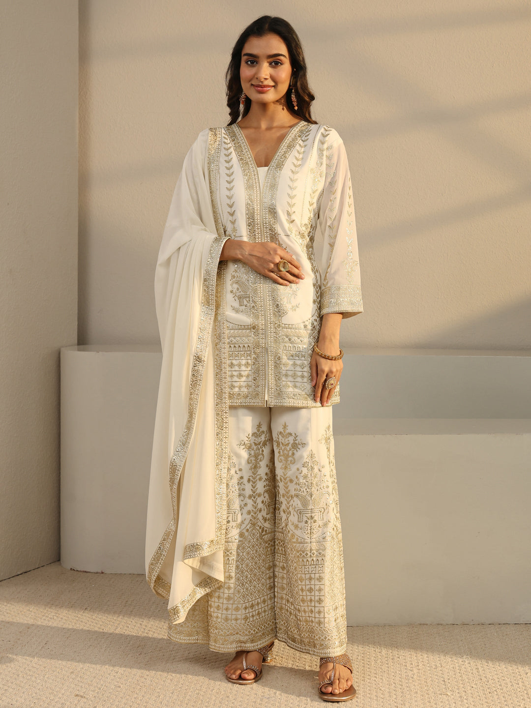  Libas Art Off White Floral Embroidered Georgette Palazzo Suit Set With Dupatta 