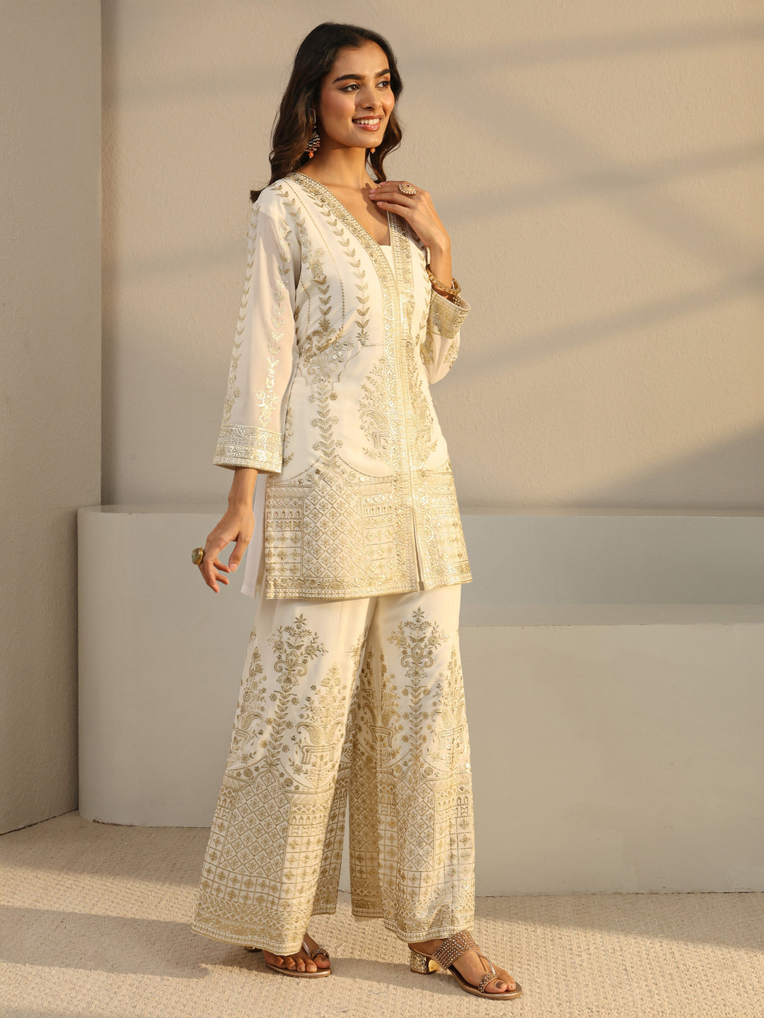  Libas Art Off White Floral Embroidered Georgette Palazzo Suit Set With Dupatta 