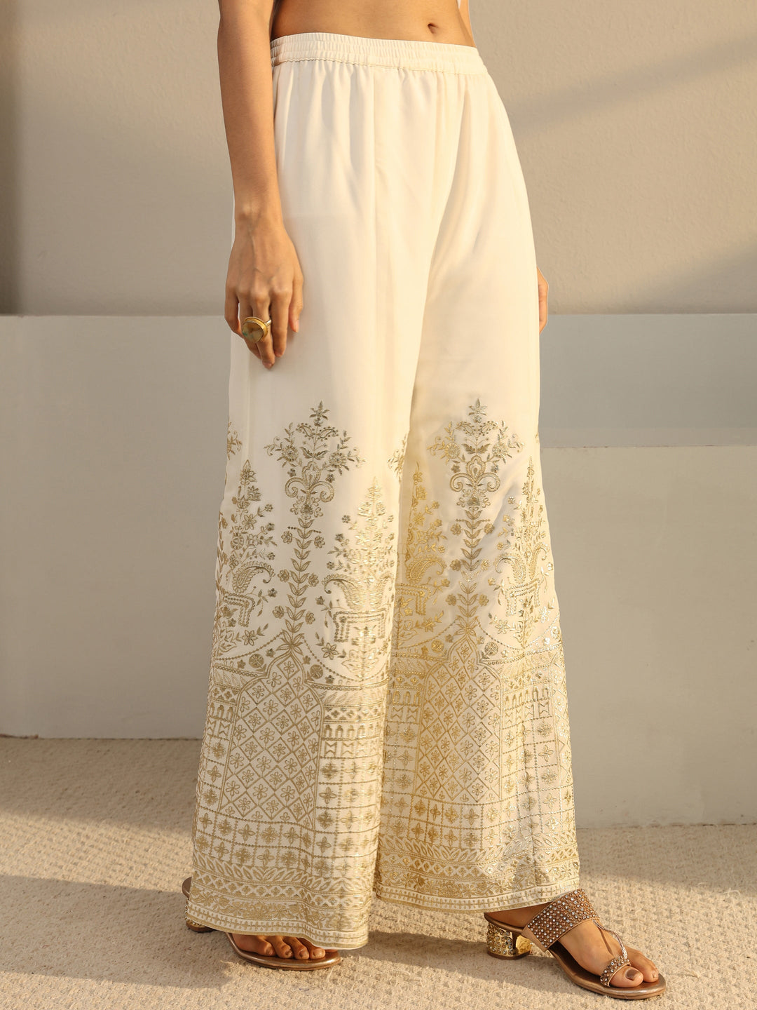  Libas Art Off White Floral Embroidered Georgette Palazzo Suit Set With Dupatta 