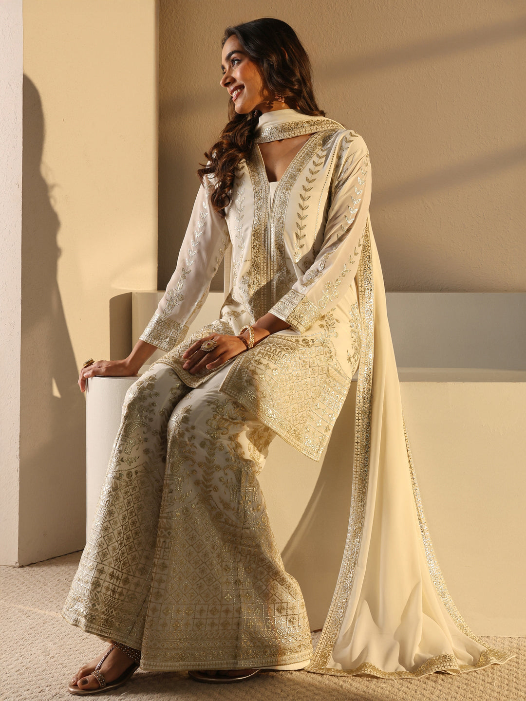  Libas Art Off White Floral Embroidered Georgette Palazzo Suit Set With Dupatta 