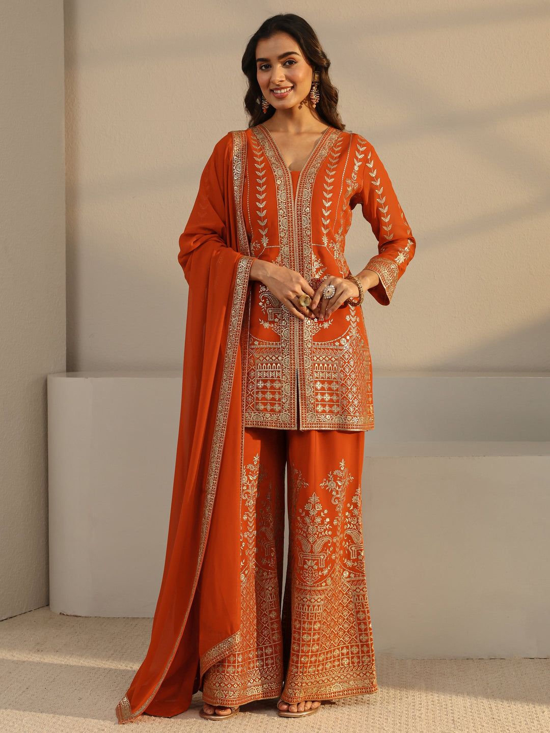  Libas Art Rust Floral Embroidered Georgette Palazzo Suit Set With Dupatta 