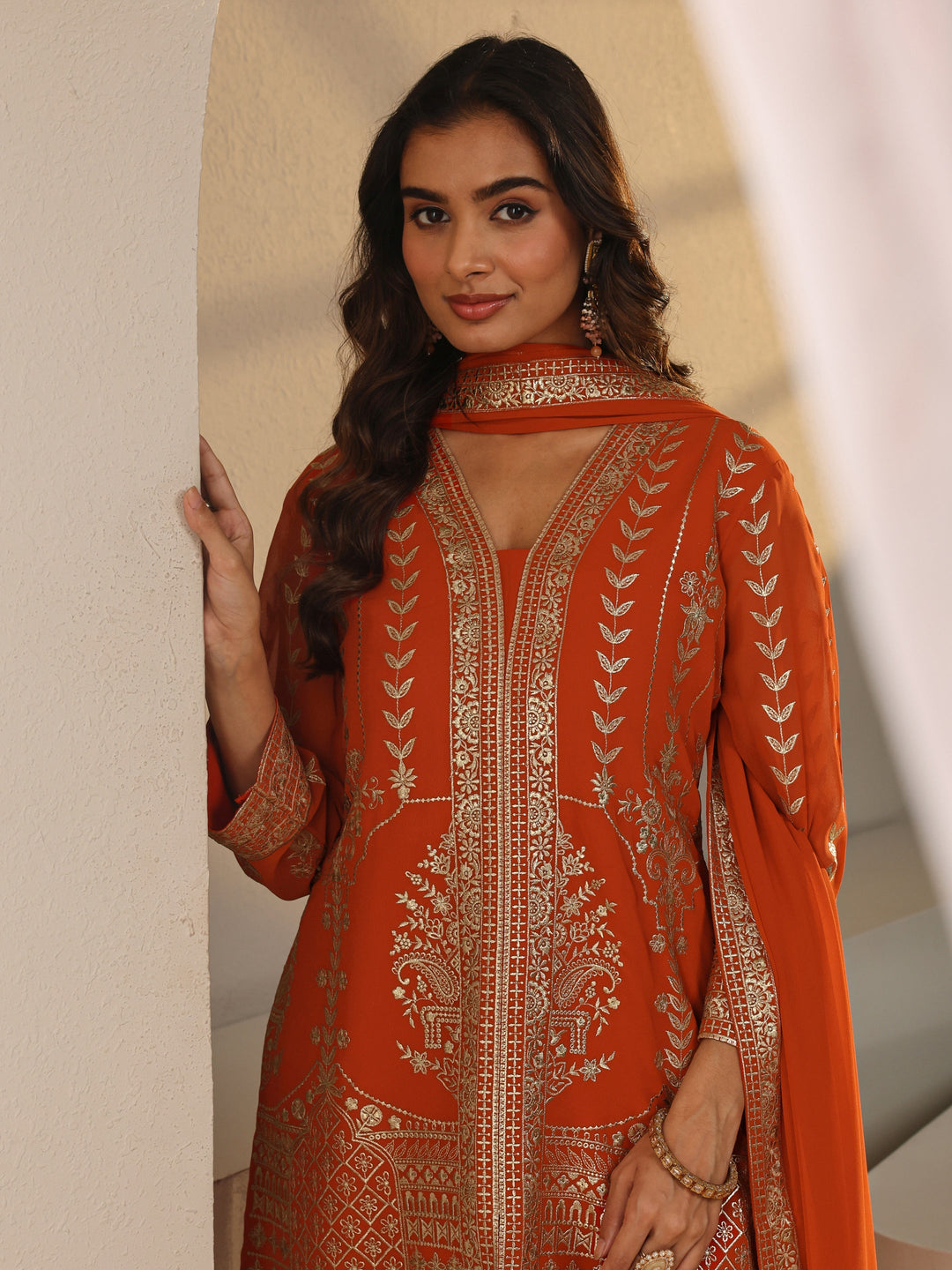  Libas Art Rust Floral Embroidered Georgette Palazzo Suit Set With Dupatta 