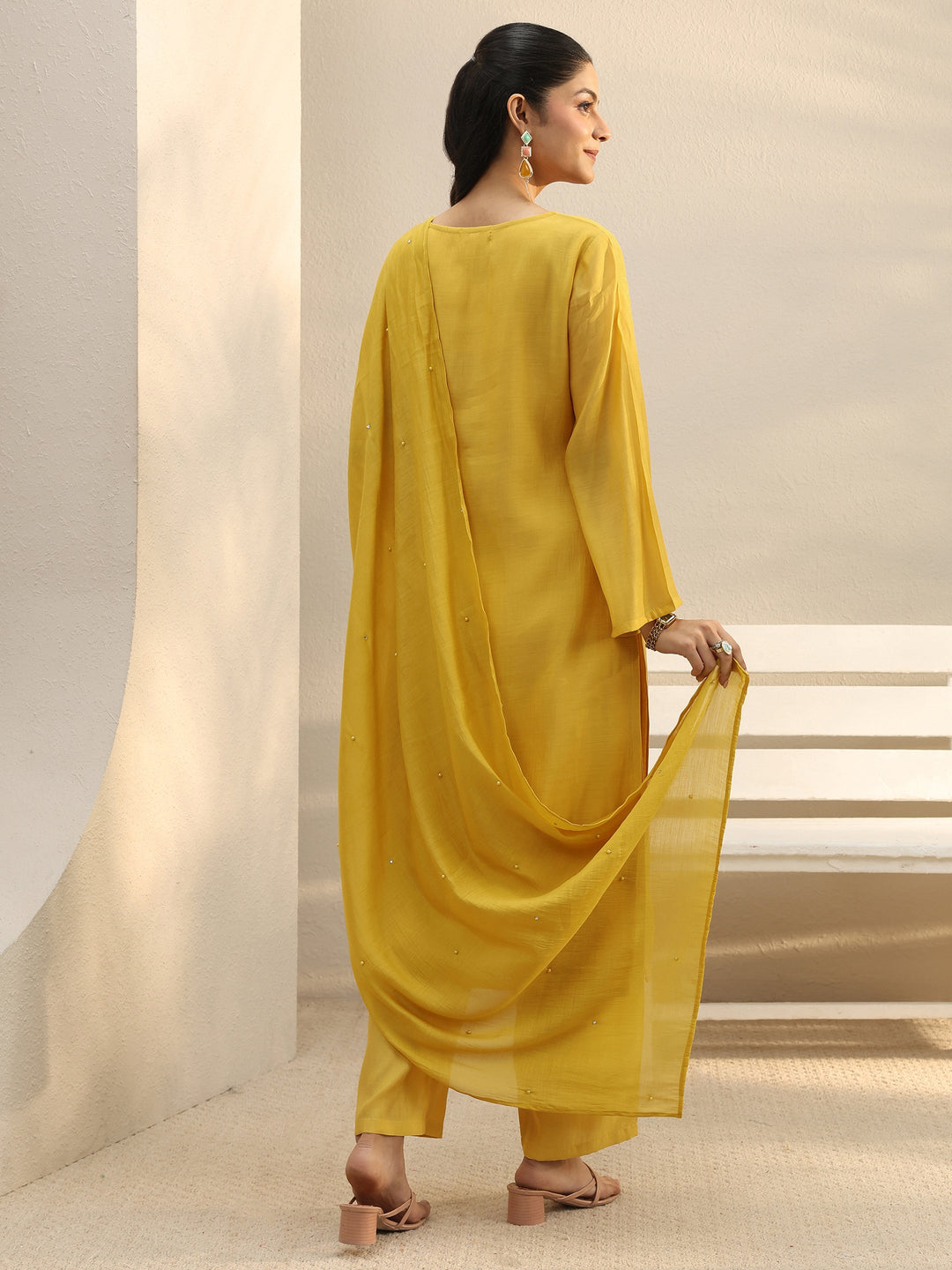  Mustard Floral Embroidered Chanderi Silk Straight Suit Set 