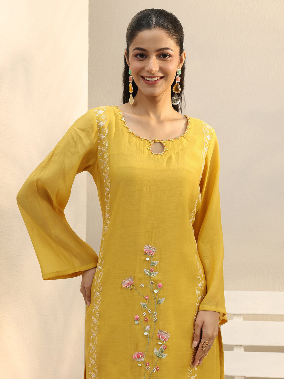  Mustard Floral Embroidered Chanderi Silk Straight Suit Set 