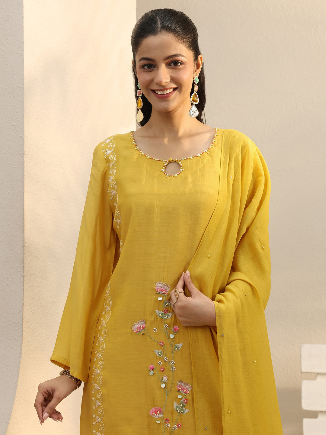  Mustard Floral Embroidered Chanderi Silk Straight Suit Set 