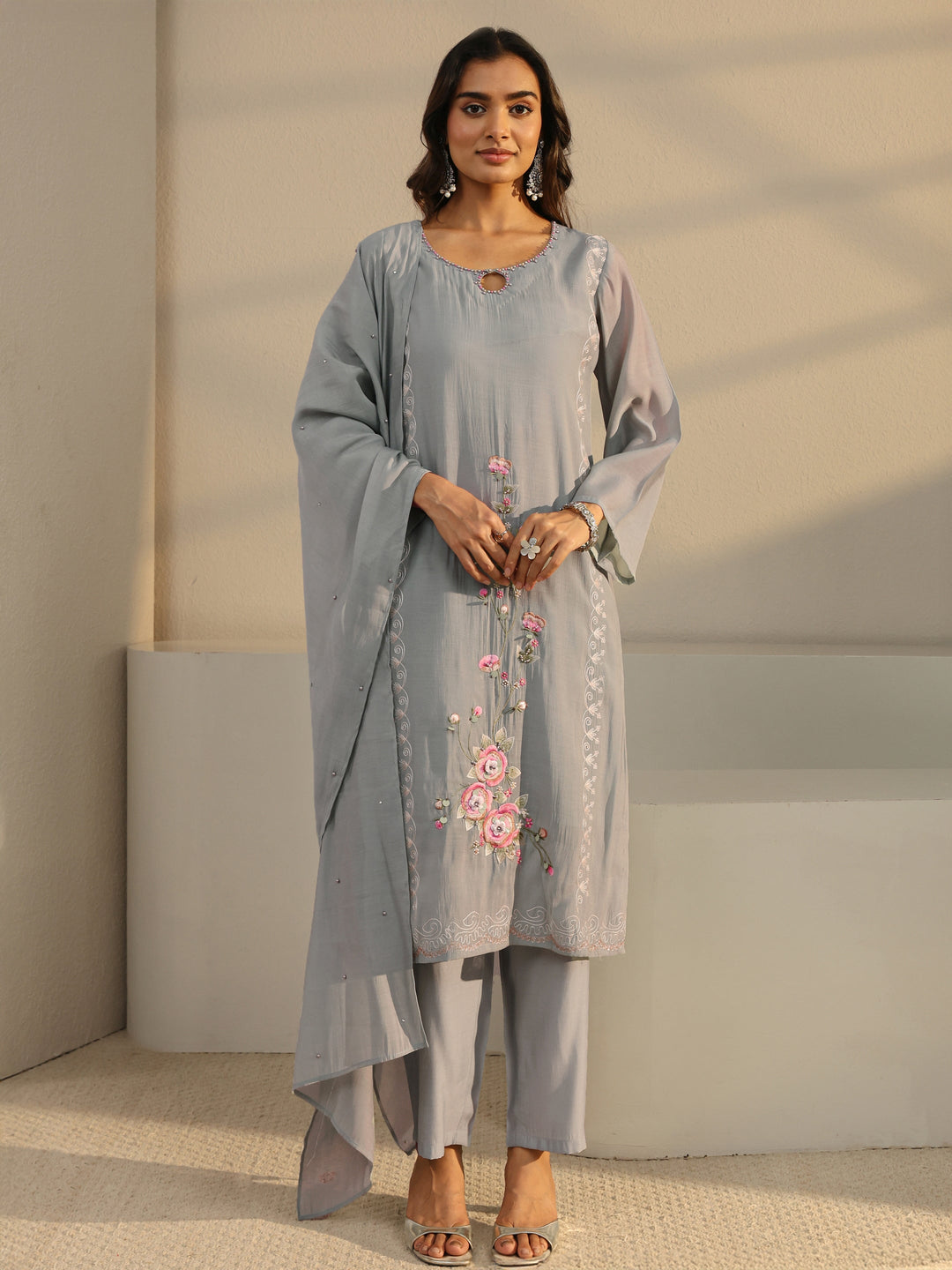  Grey Floral Embroidered Chanderi Silk Straight Suit Set With Dupatta 