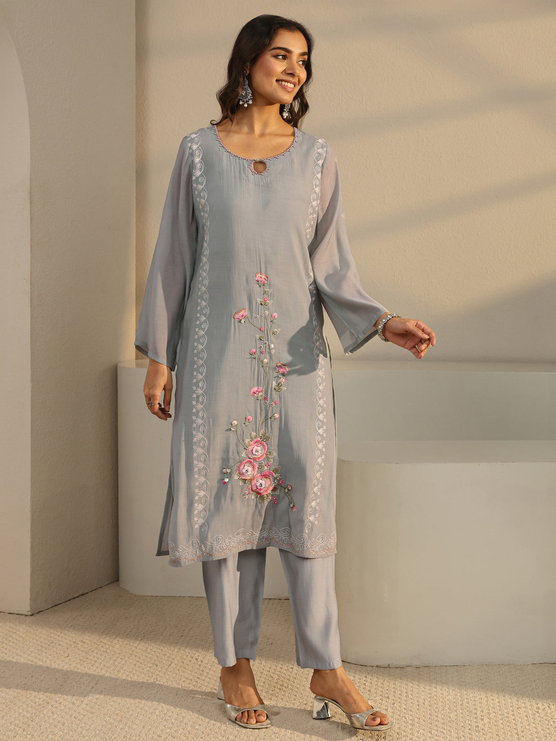  Grey Floral Embroidered Chanderi Silk Straight Suit Set With Dupatta 