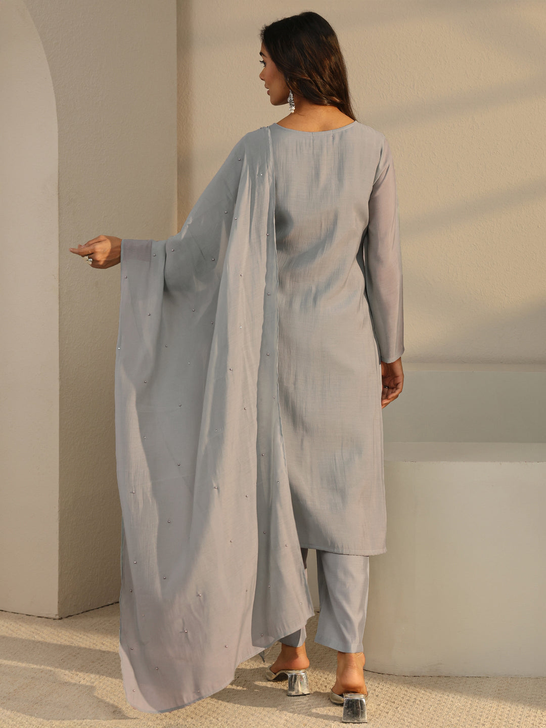  Grey Floral Embroidered Chanderi Silk Straight Suit Set With Dupatta 