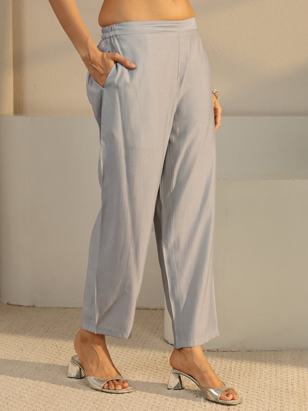  Grey Floral Embroidered Chanderi Silk Straight Suit Set With Dupatta 