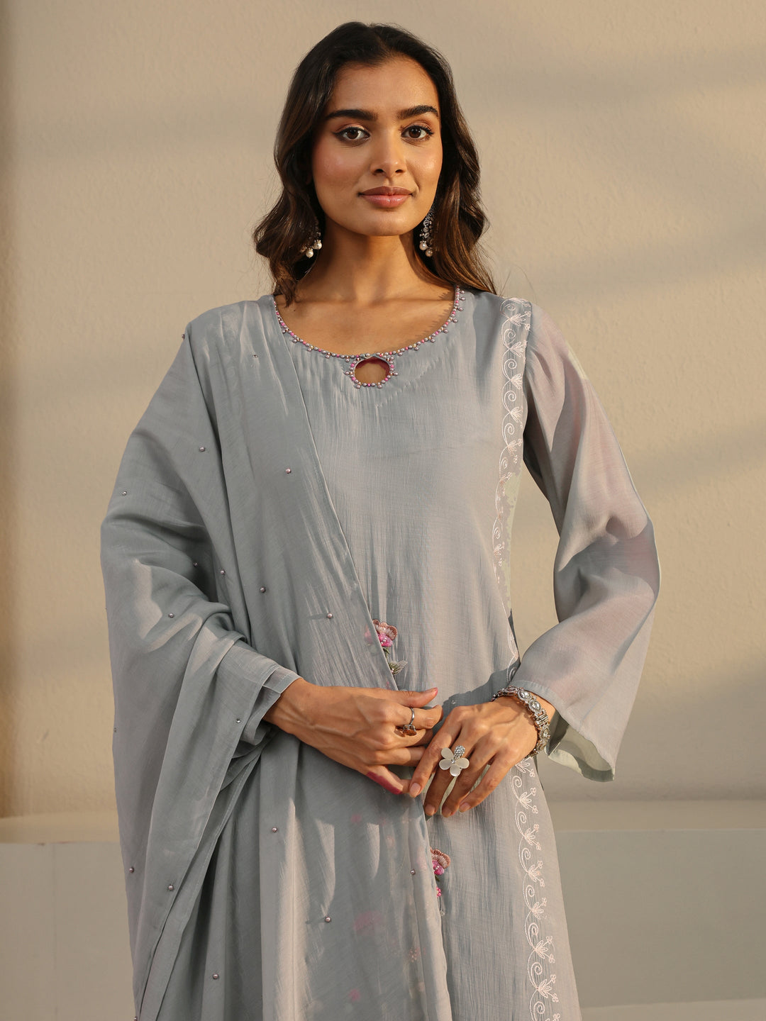  Grey Floral Embroidered Chanderi Silk Straight Suit Set With Dupatta 