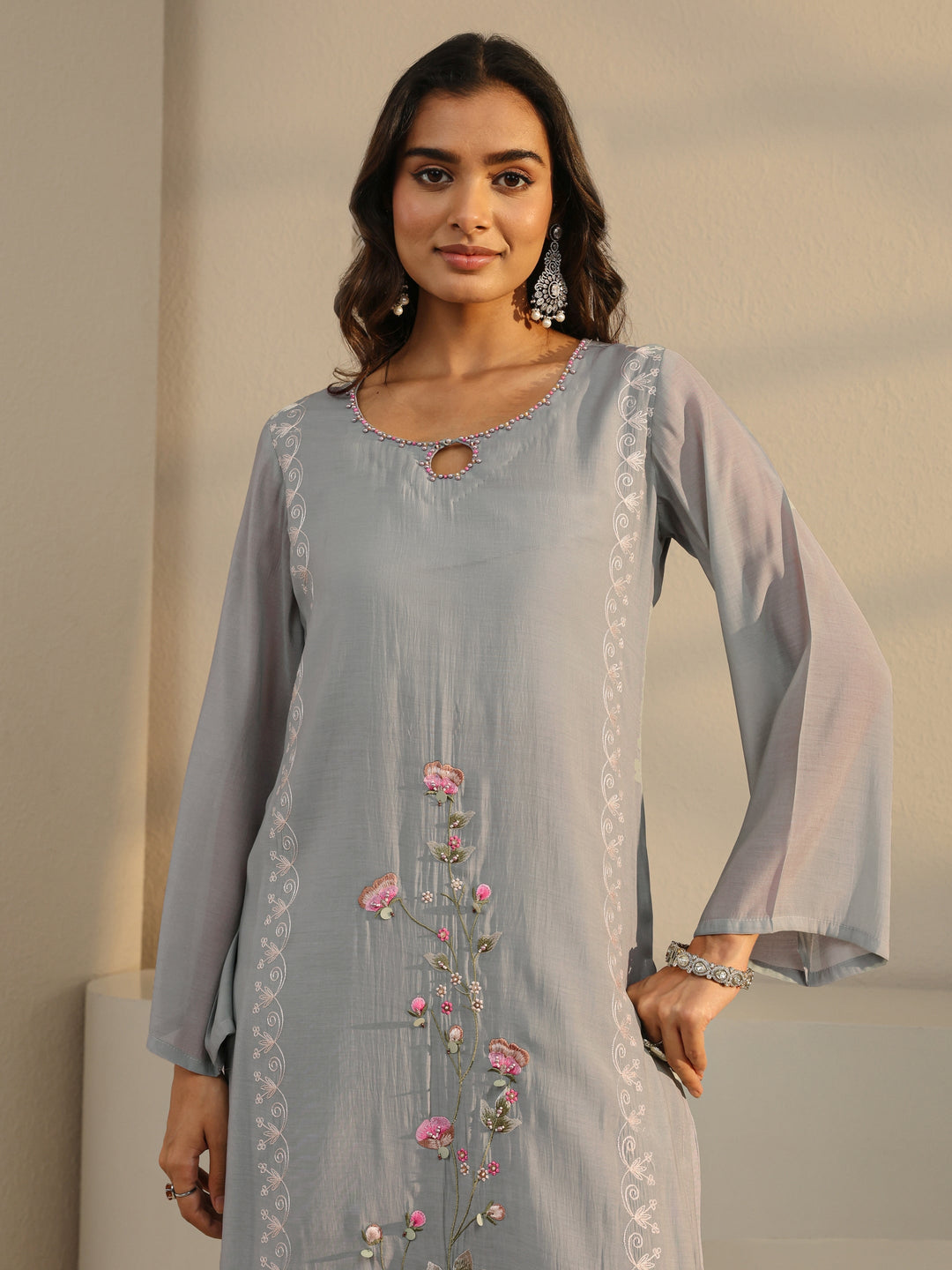  Grey Floral Embroidered Chanderi Silk Straight Suit Set With Dupatta 