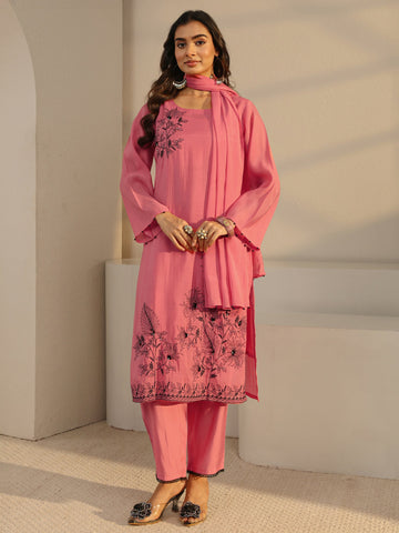 Libas Coral Floral Embroidered Chanderi Silk Straight Suit Set