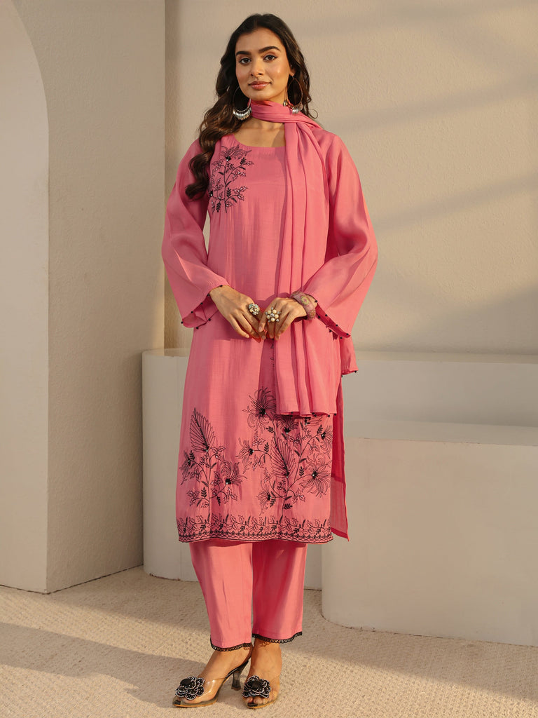 Libas Coral Floral Embroidered Chanderi Silk Straight Suit Set