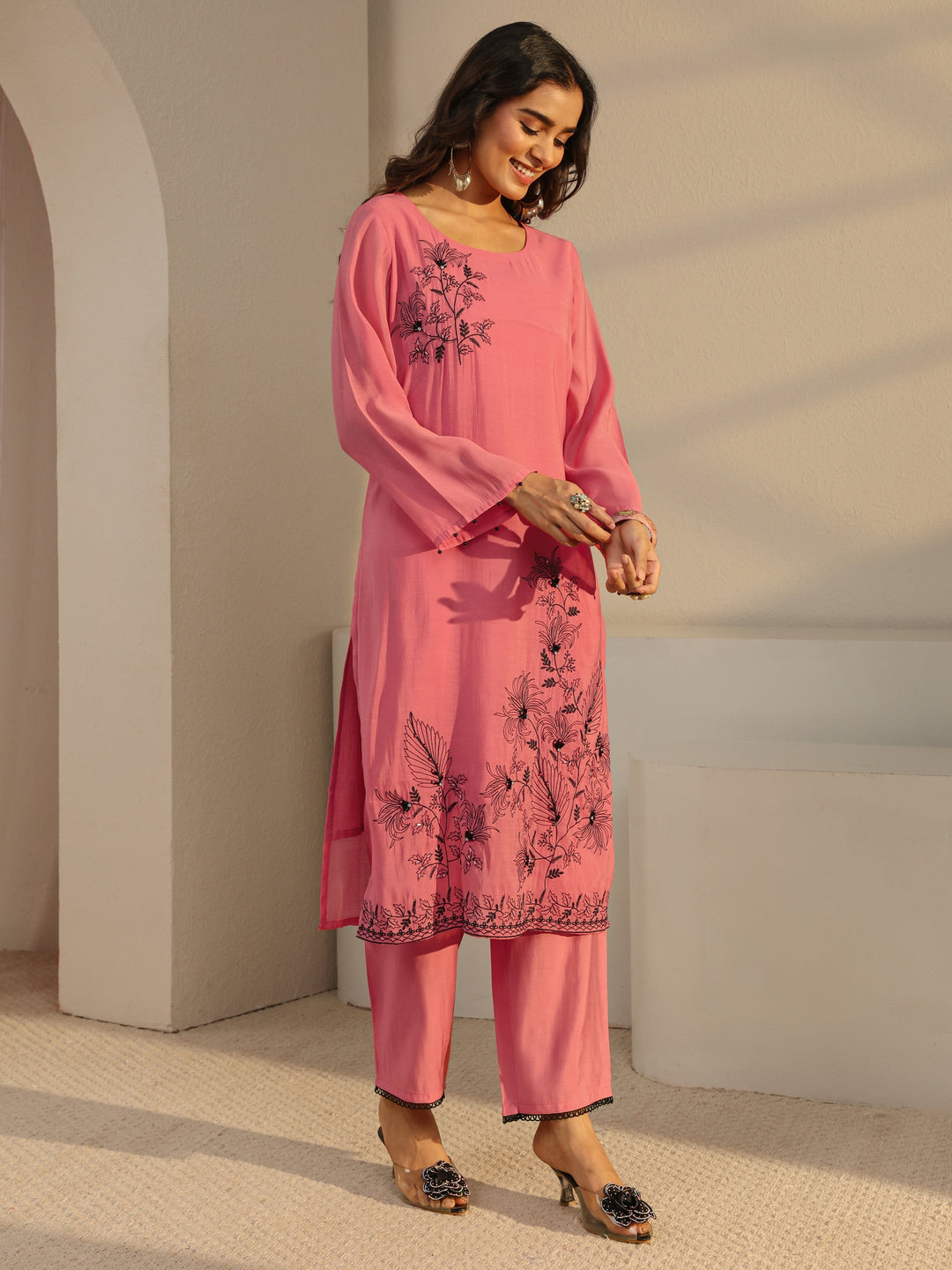  Coral Floral Embroidered Chanderi Silk Straight Suit Set With Dupatta 