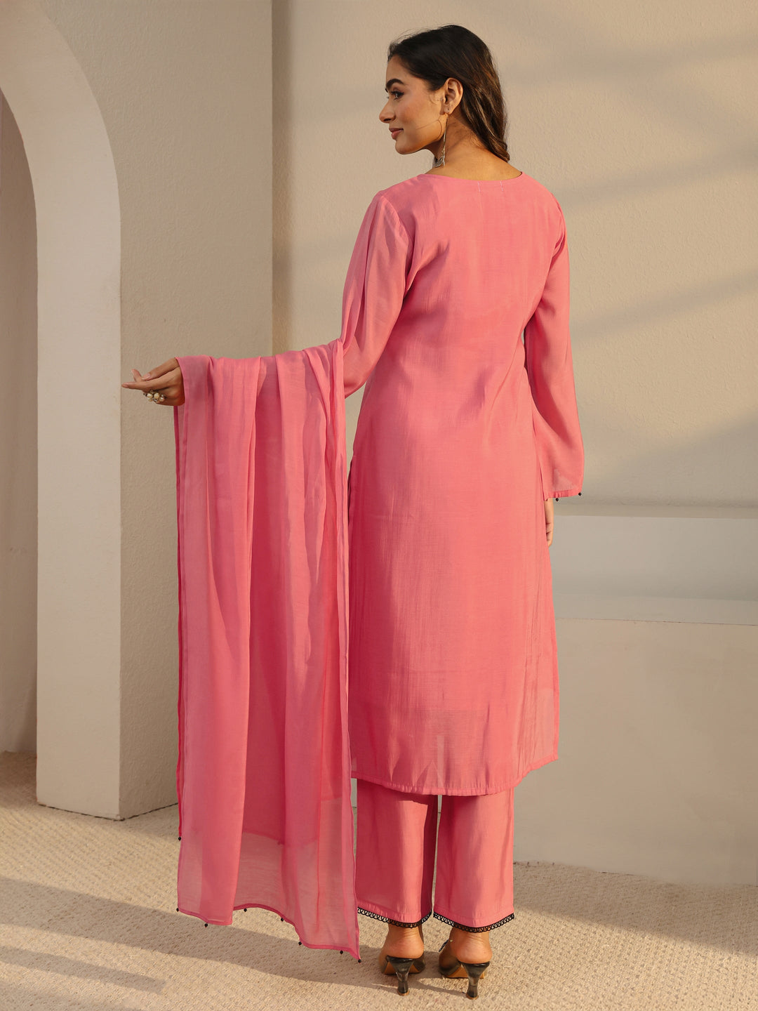  Coral Floral Embroidered Chanderi Silk Straight Suit Set With Dupatta 