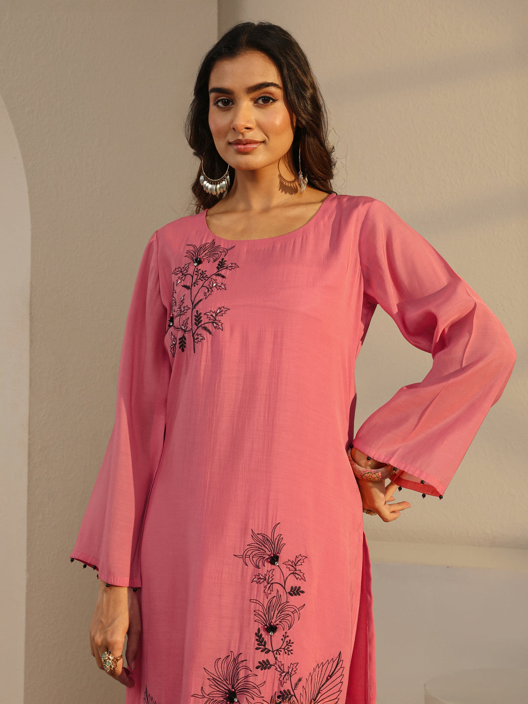  Coral Floral Embroidered Chanderi Silk Straight Suit Set With Dupatta 