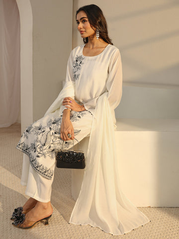 Libas Off White Floral Embroidered Chanderi Silk Straight Suit Set