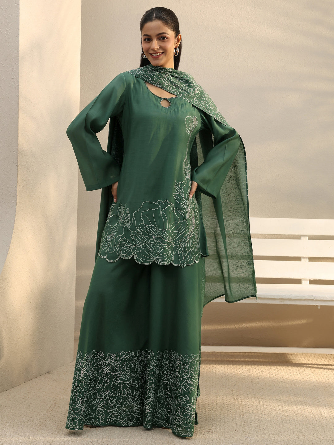  Green Floral Embroidered Chanderi Silk Palazzo Suit Set 