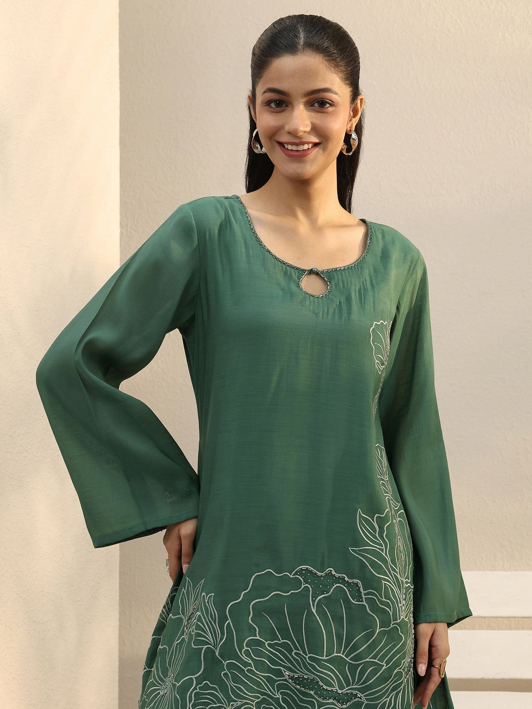  Green Floral Embroidered Chanderi Silk Palazzo Suit Set 