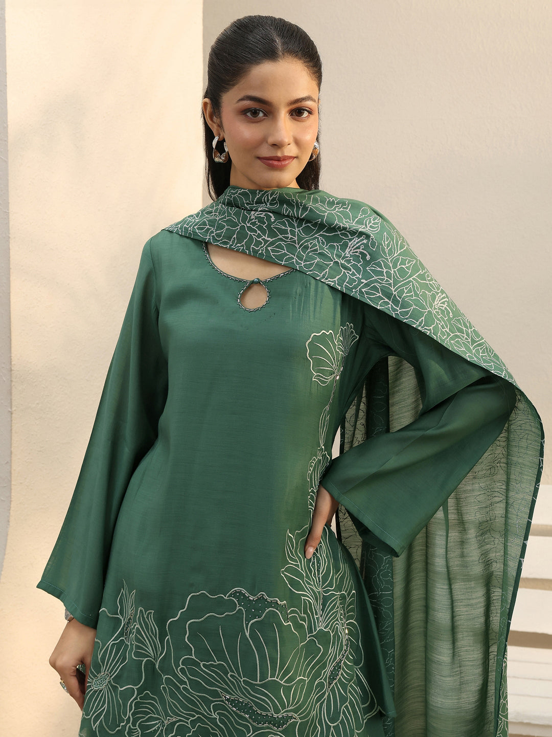  Green Floral Embroidered Chanderi Silk Palazzo Suit Set 