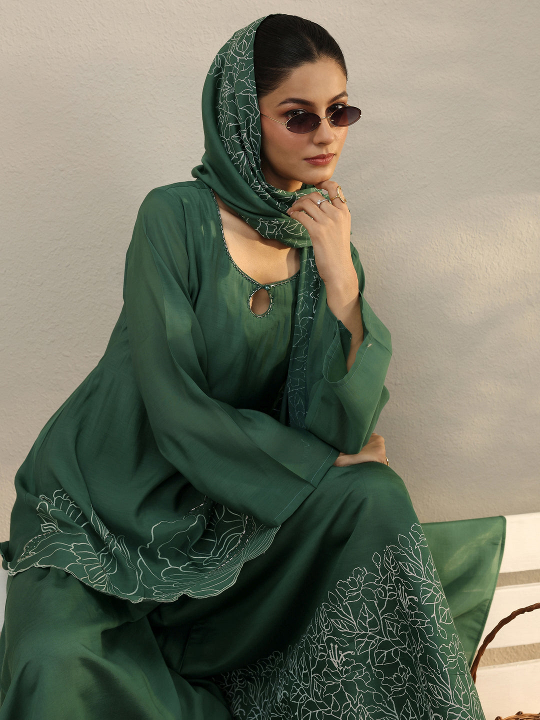  Green Floral Embroidered Chanderi Silk Palazzo Suit Set 