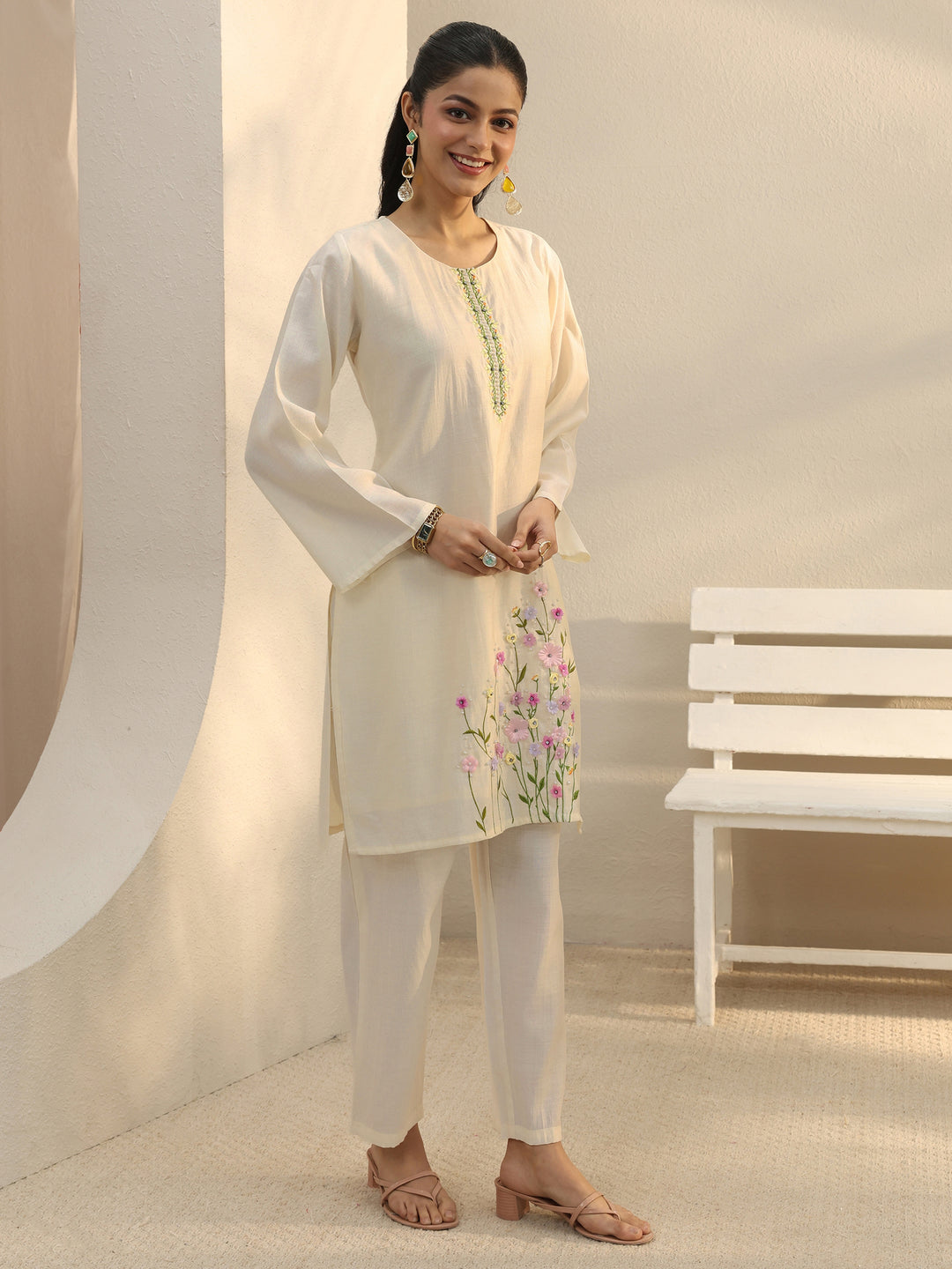  Off White Floral Embroidered Silk Blend Co-Ord Set 