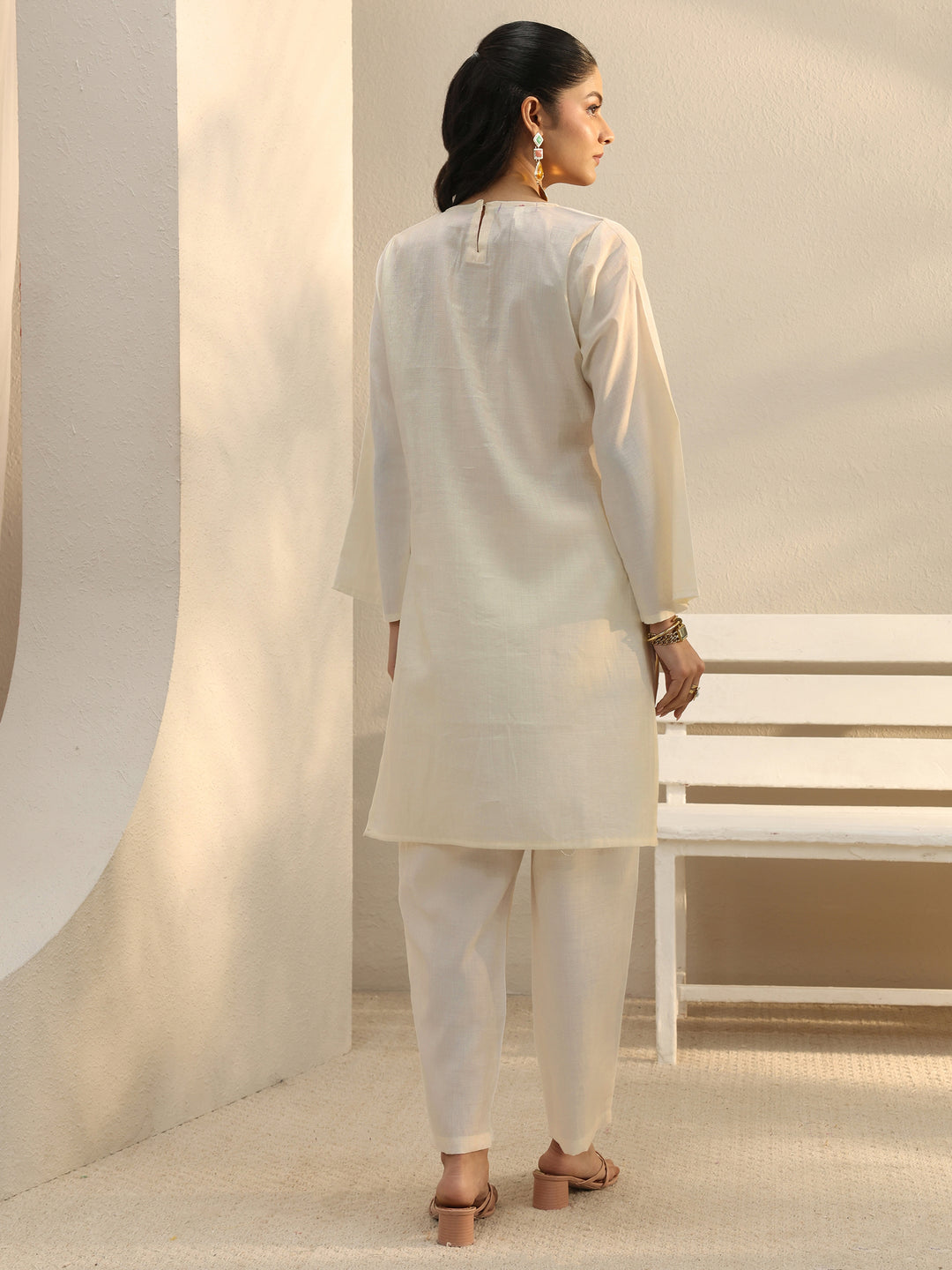  Off White Floral Embroidered Silk Blend Co-Ord Set 