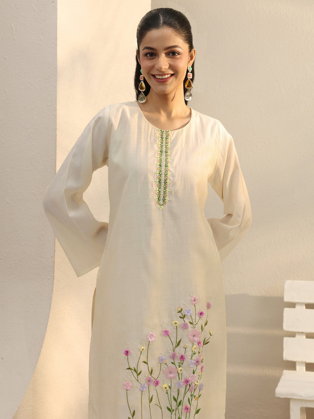  Off White Floral Embroidered Silk Blend Co-Ord Set 
