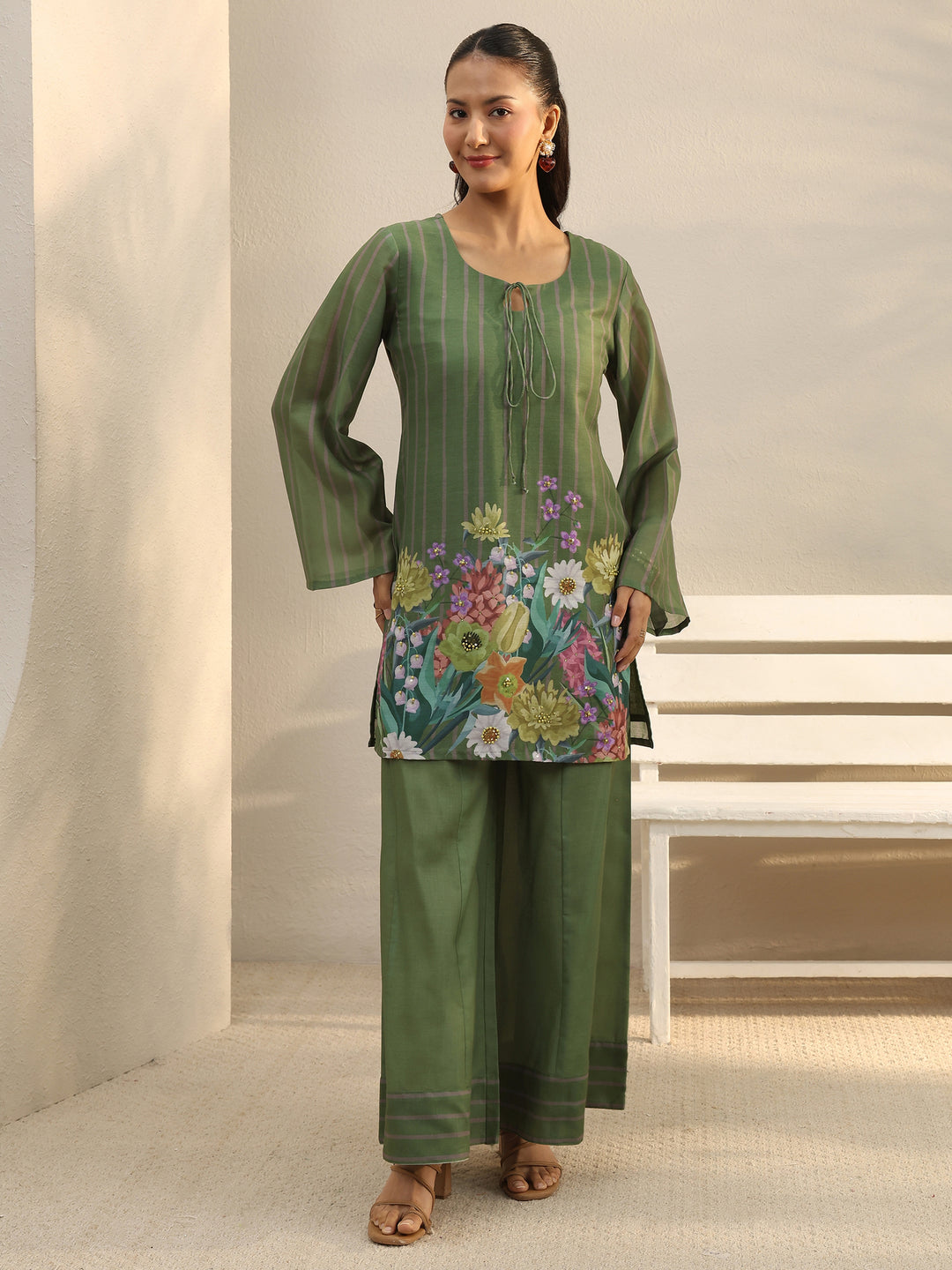  Green Floral Printed Chanderi Silk Co-Ord Set 