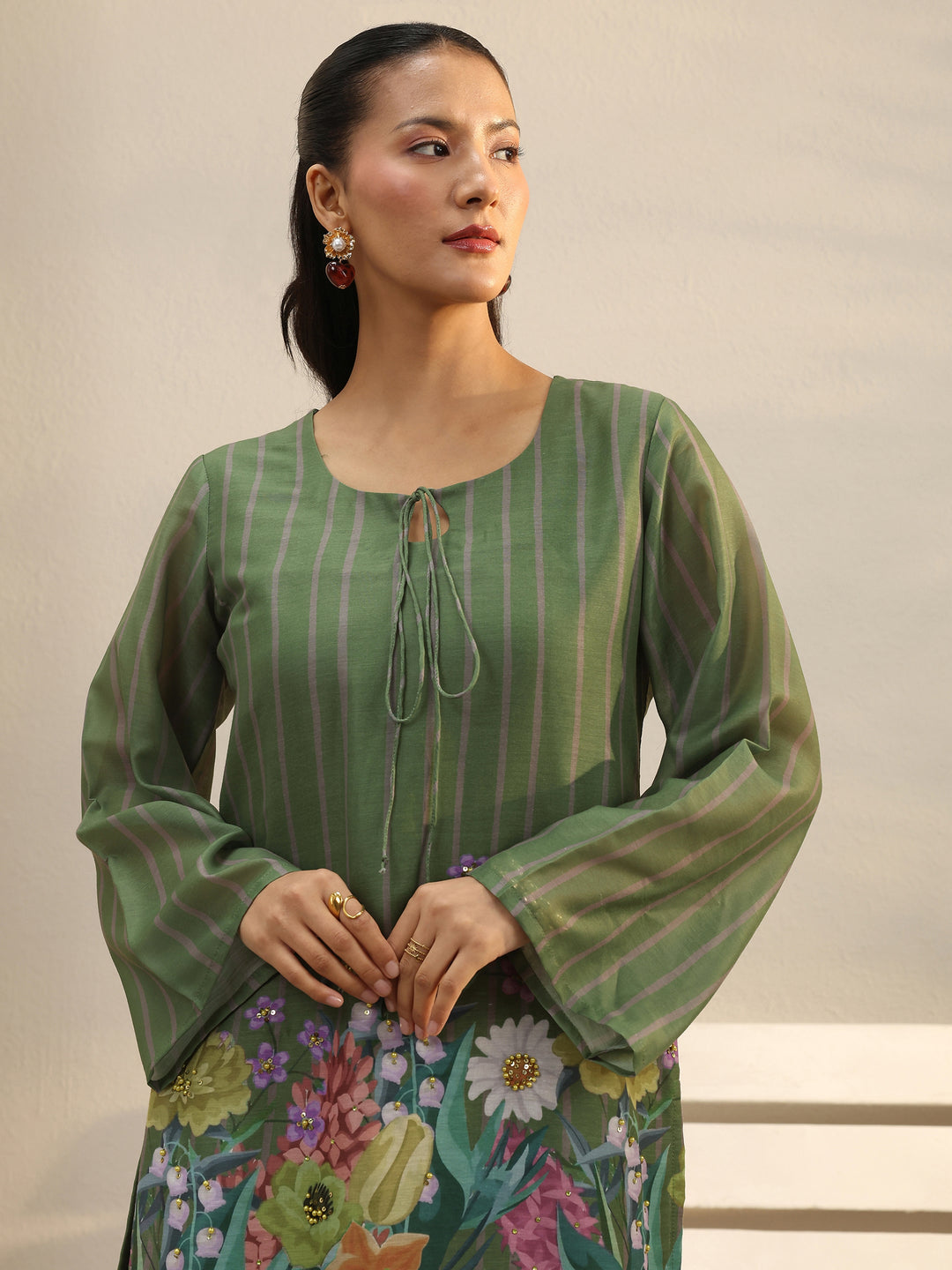 Green Floral Printed Chanderi Silk Co-Ord Set 