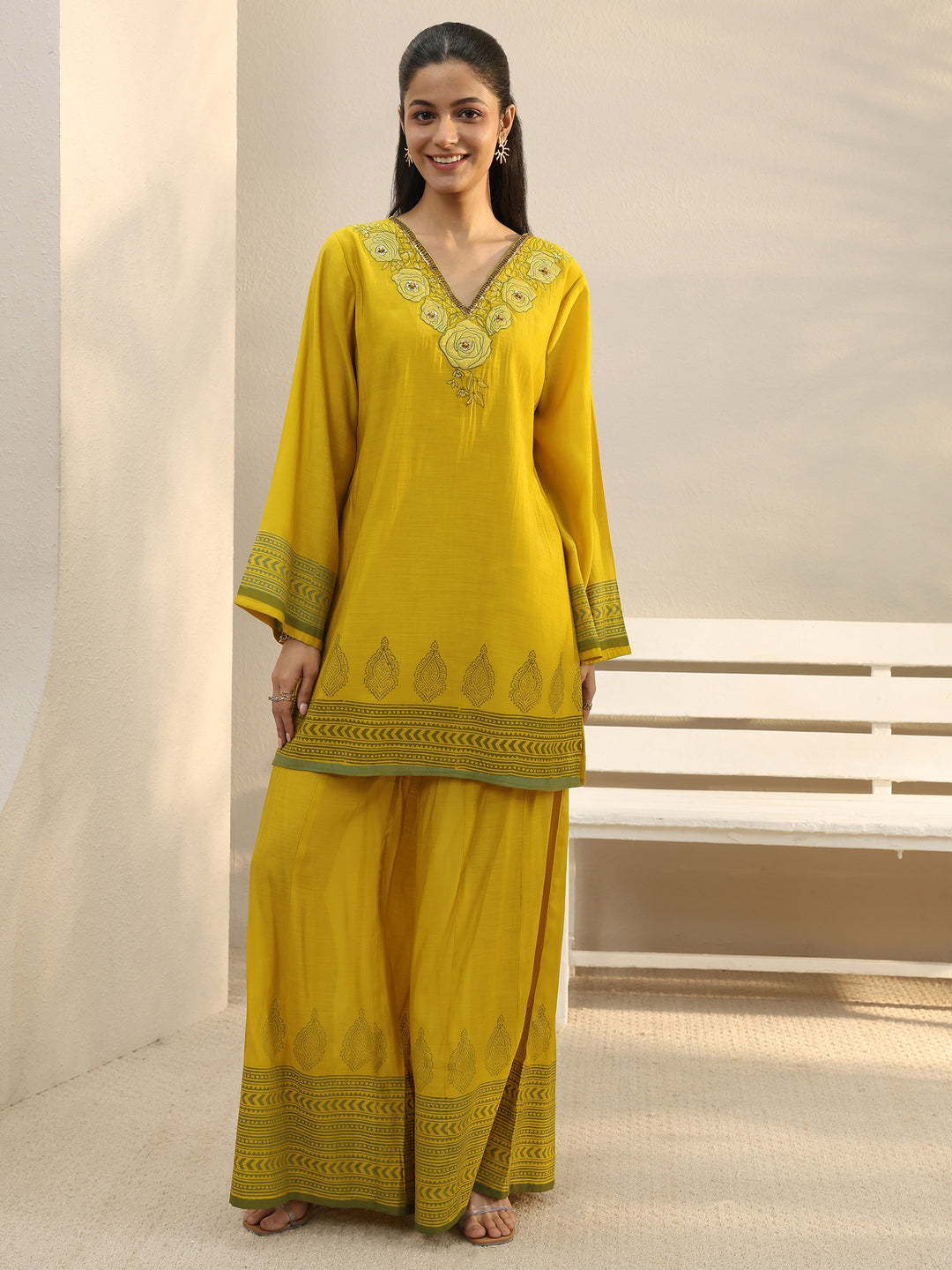  Yellow Floral Embroidered Chanderi Silk Co-Ord Set 