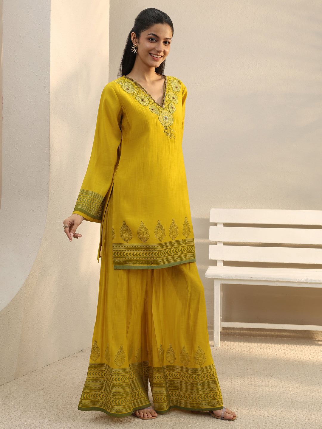  Yellow Floral Embroidered Chanderi Silk Co-Ord Set 