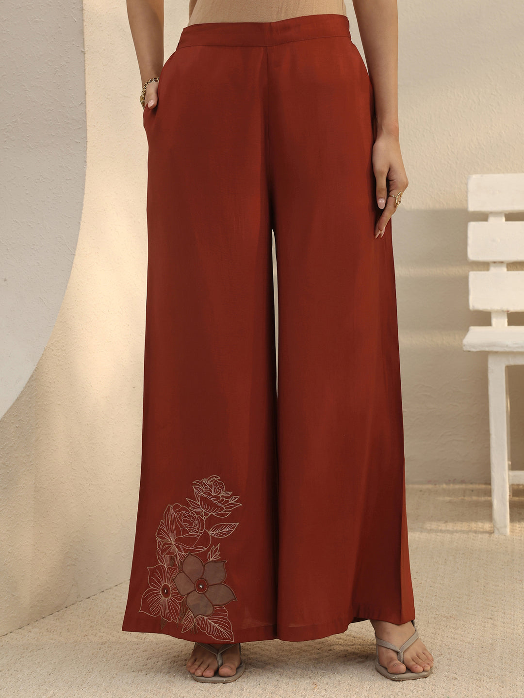  Rust Floral Embroidered Chanderi Silk Co-Ord Set 