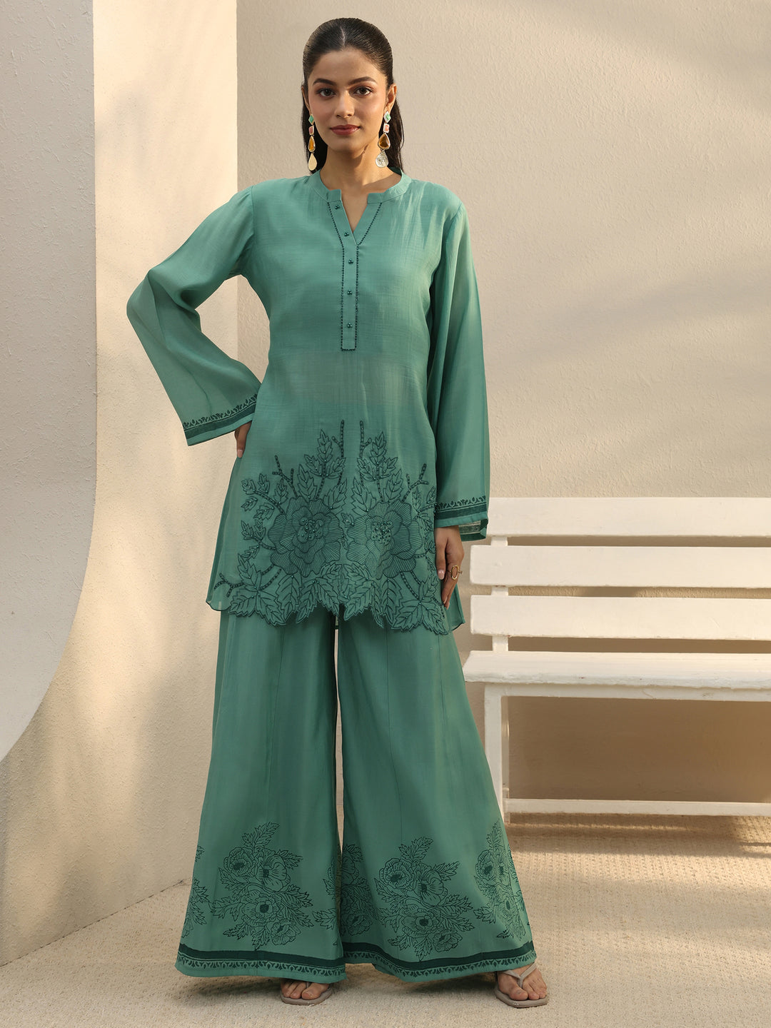  Green Floral Embroidered Chanderi Silk Co-Ord Set 