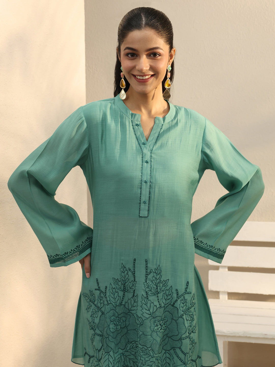  Green Floral Embroidered Chanderi Silk Co-Ord Set 