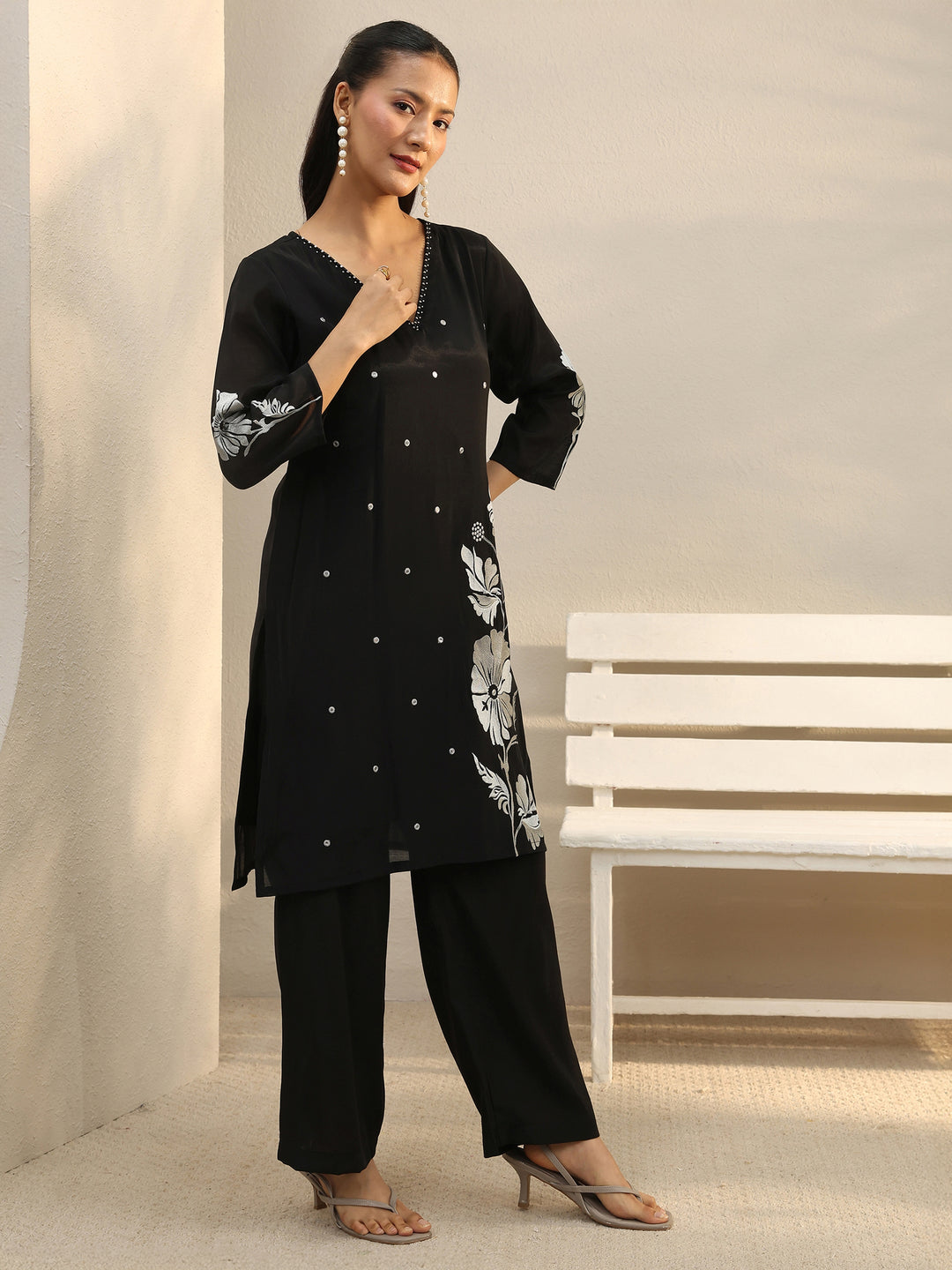  Black Floral Embroidered Chanderi Silk Co-Ord Set 
