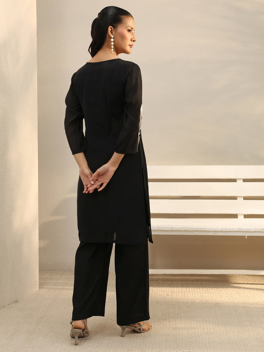  Black Floral Embroidered Chanderi Silk Co-Ord Set 