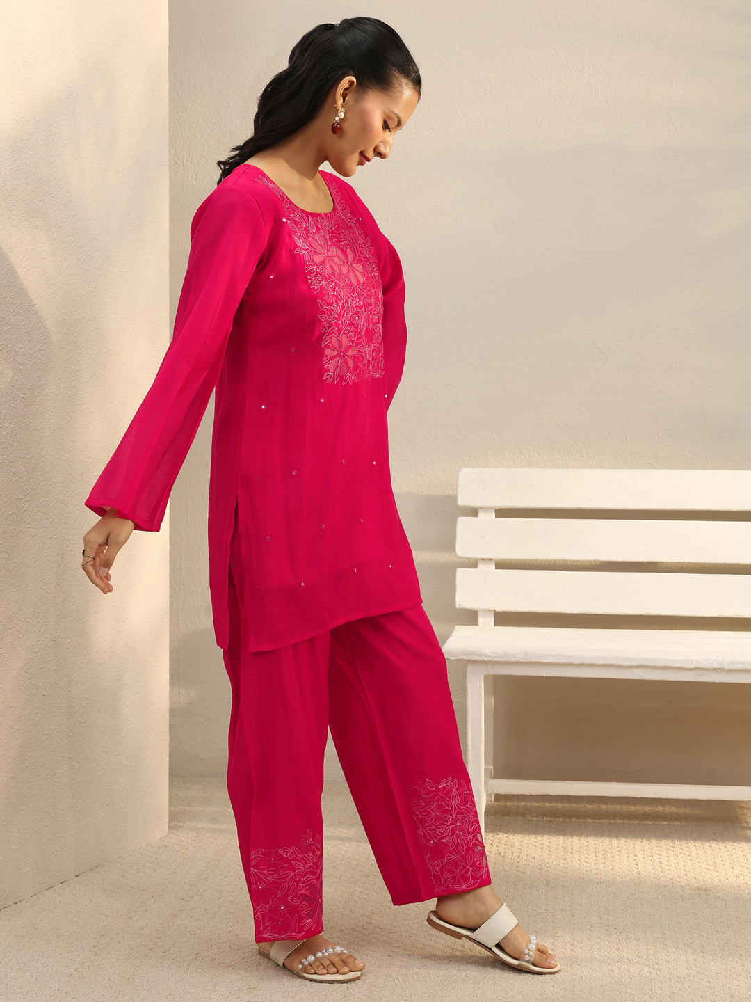  Fuchsia Pink Floral Embroidered Chanderi Silk Co-Ord Set 