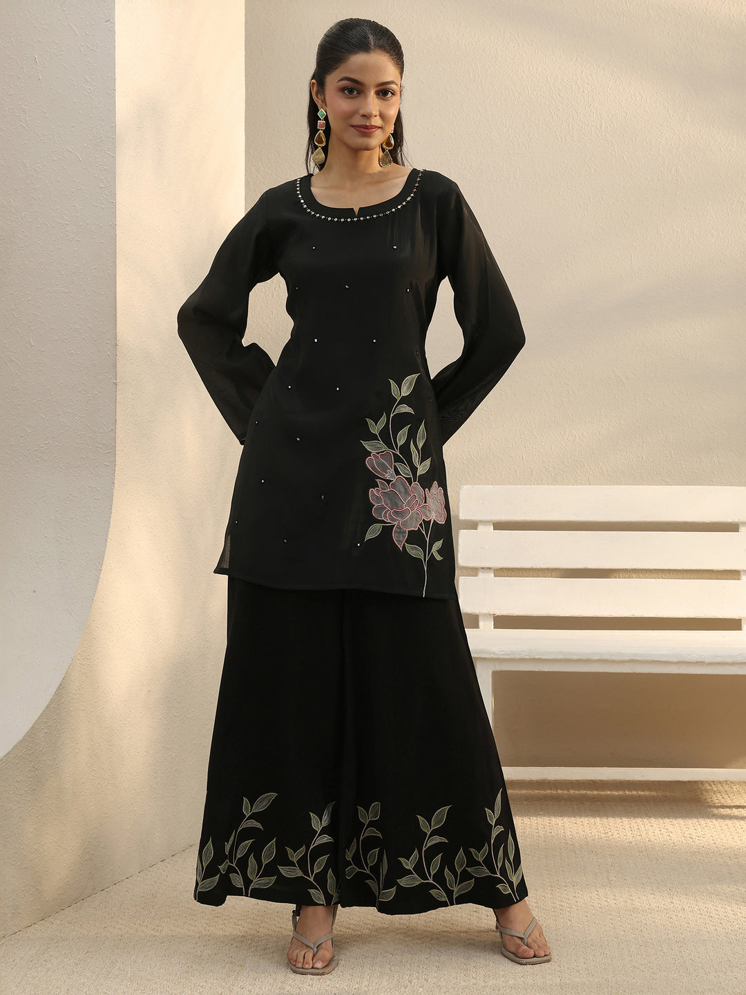  Black Floral Embroidered Chanderi Silk Co-Ord Set 