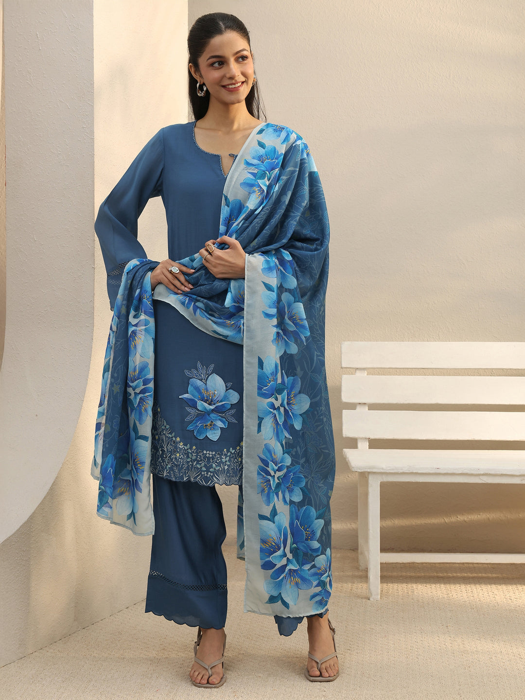  Blue Floral Embroidered Chanderi Silk Straight Suit Set 