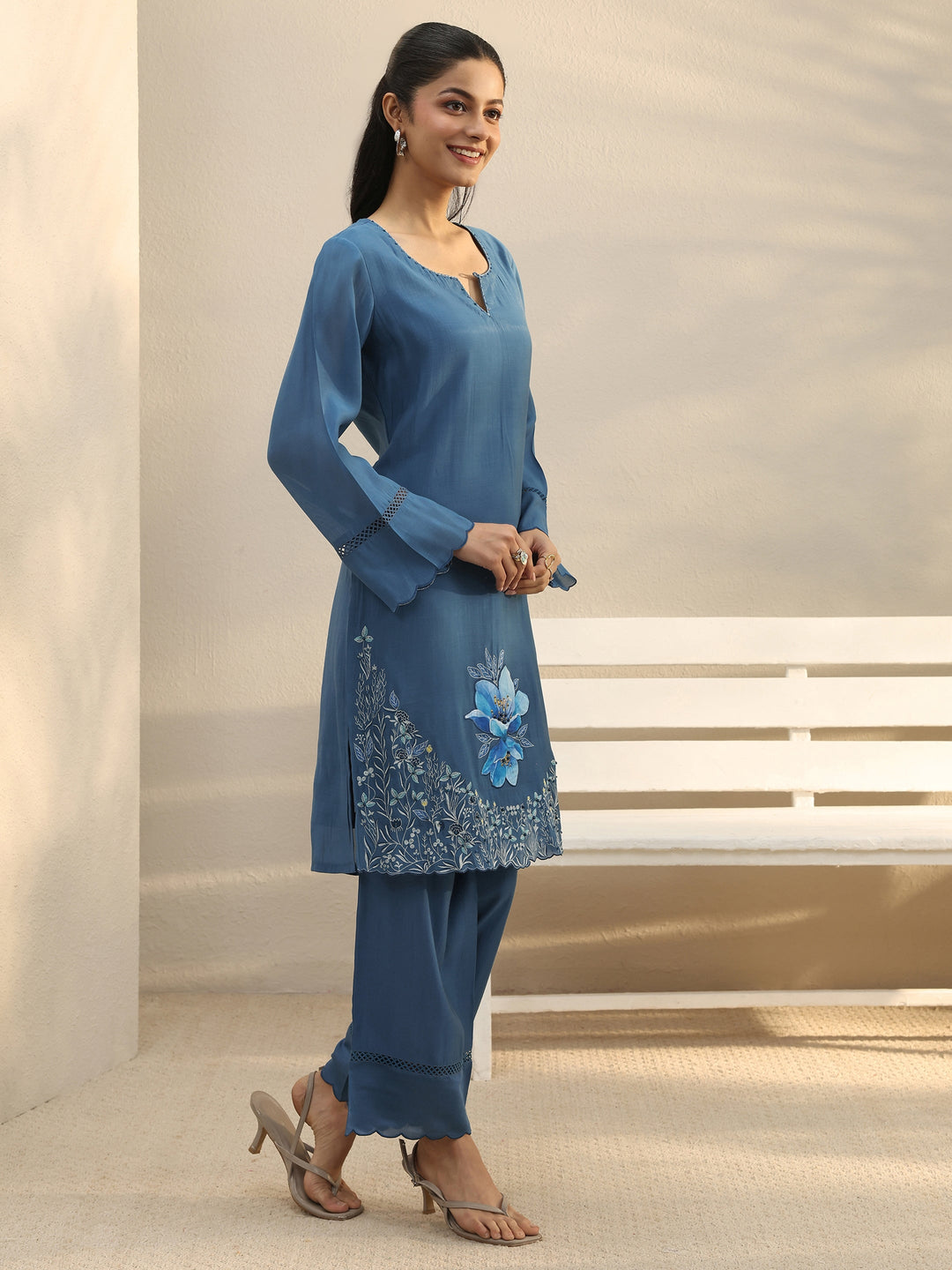  Blue Floral Embroidered Chanderi Silk Straight Suit Set 
