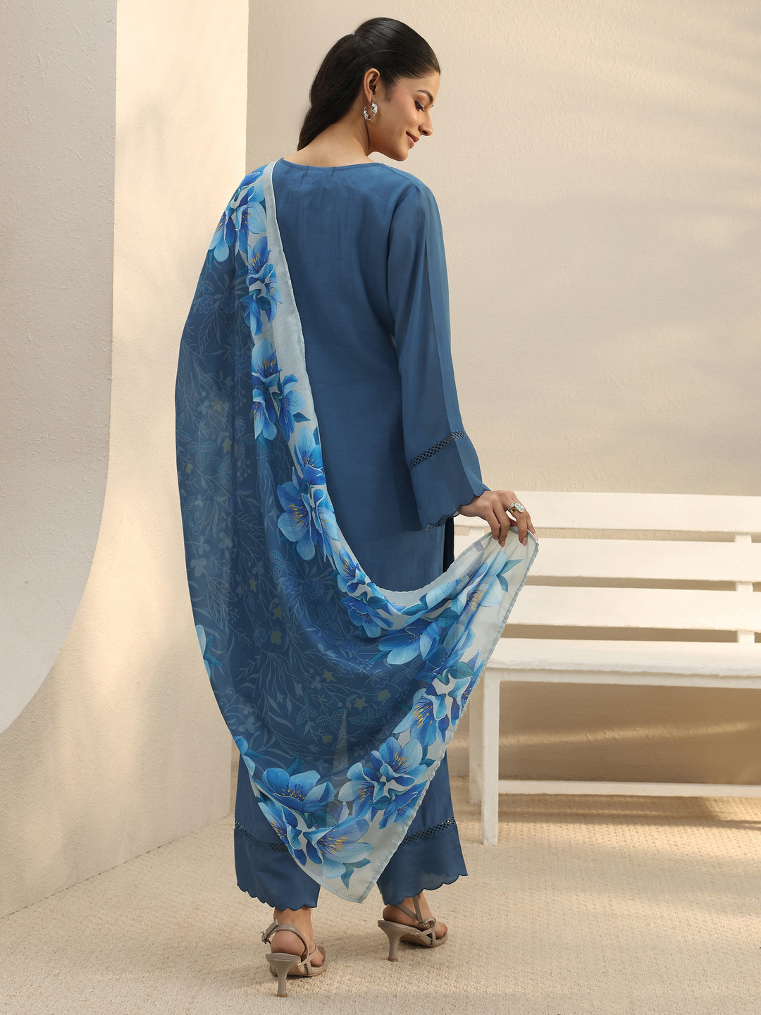  Blue Floral Embroidered Chanderi Silk Straight Suit Set 