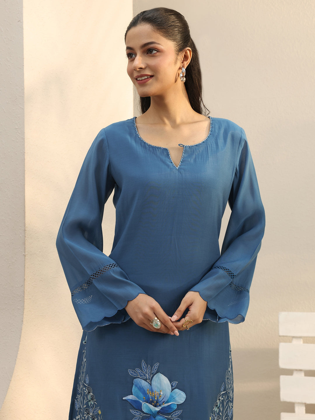  Blue Floral Embroidered Chanderi Silk Straight Suit Set 