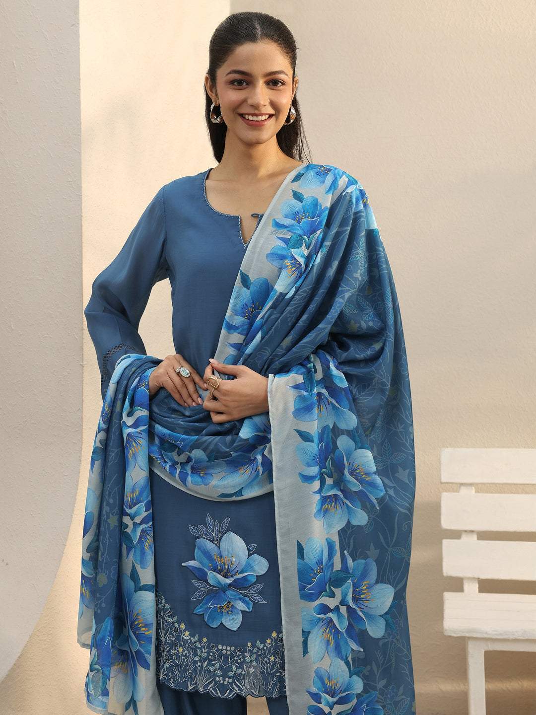 Blue Floral Embroidered Chanderi Silk Straight Suit Set 