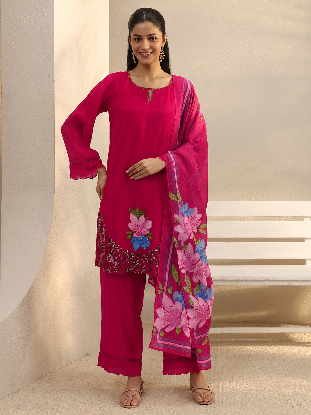  Fuchsia Pink Floral Embroidered Chanderi Silk Straight Suit Set 