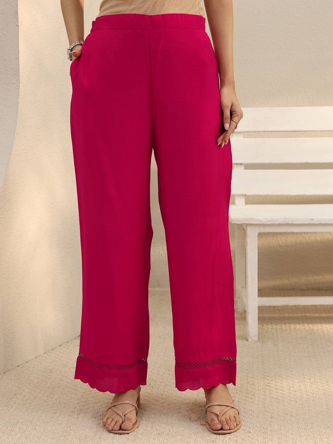  Fuchsia Pink Floral Embroidered Chanderi Silk Straight Suit Set 