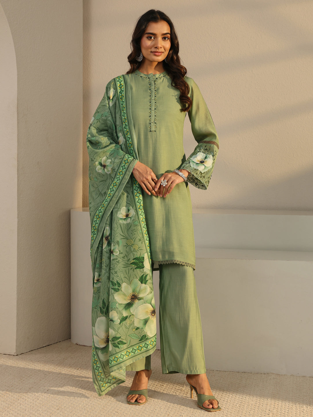  Green Solid Chanderi Silk Straight Suit Set With Dupatta 