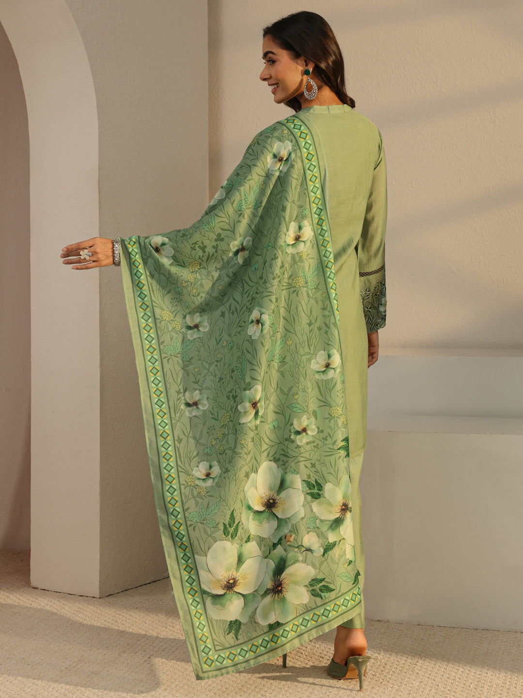  Green Solid Chanderi Silk Straight Suit Set With Dupatta 